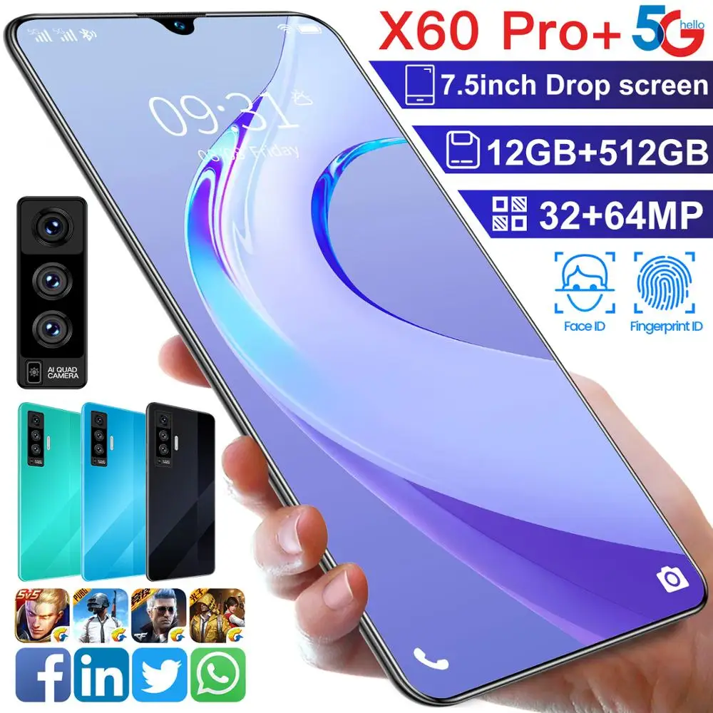 

New X60 PRO 7.5 Inch Big Screen Andriod Smart Phone 128/256GB Face ID Sual SIM+Micro SD Card 10 Core 5800mAh Cell Phone MTK6598