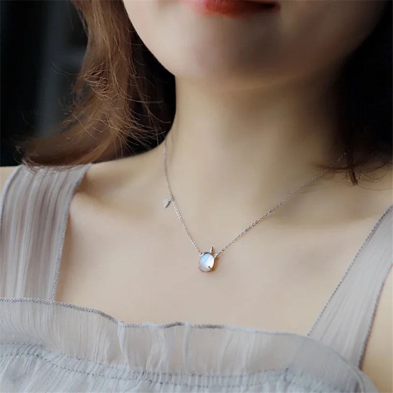 

POFUNUO 925 Sterling Silver Blue Moon Stone Turtle Pendant Necklace For Women Classic Students Girls Friends Niche Chokers 2020