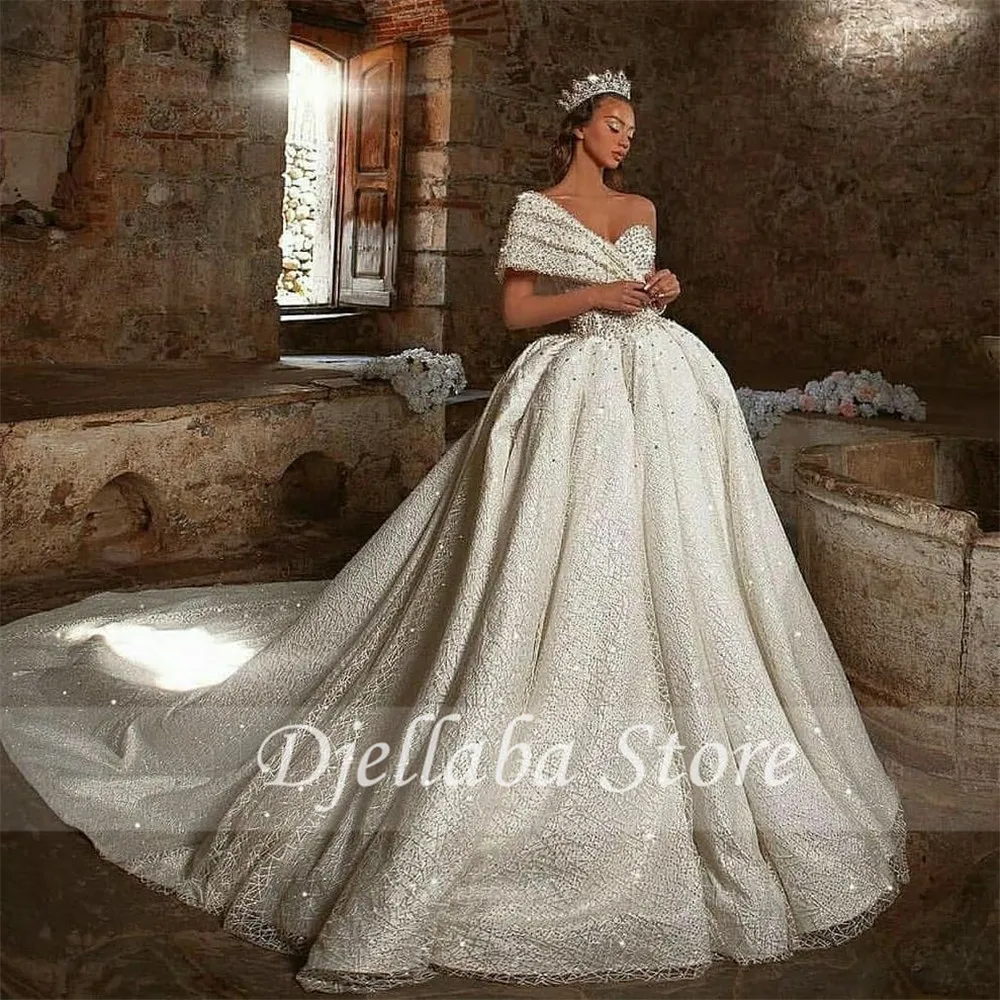 Beaded Crystal Wedding Dresses 2021 Muslim Bridal Gowns Vestido De Noiva Middle East Off The Shoulder Full Lace