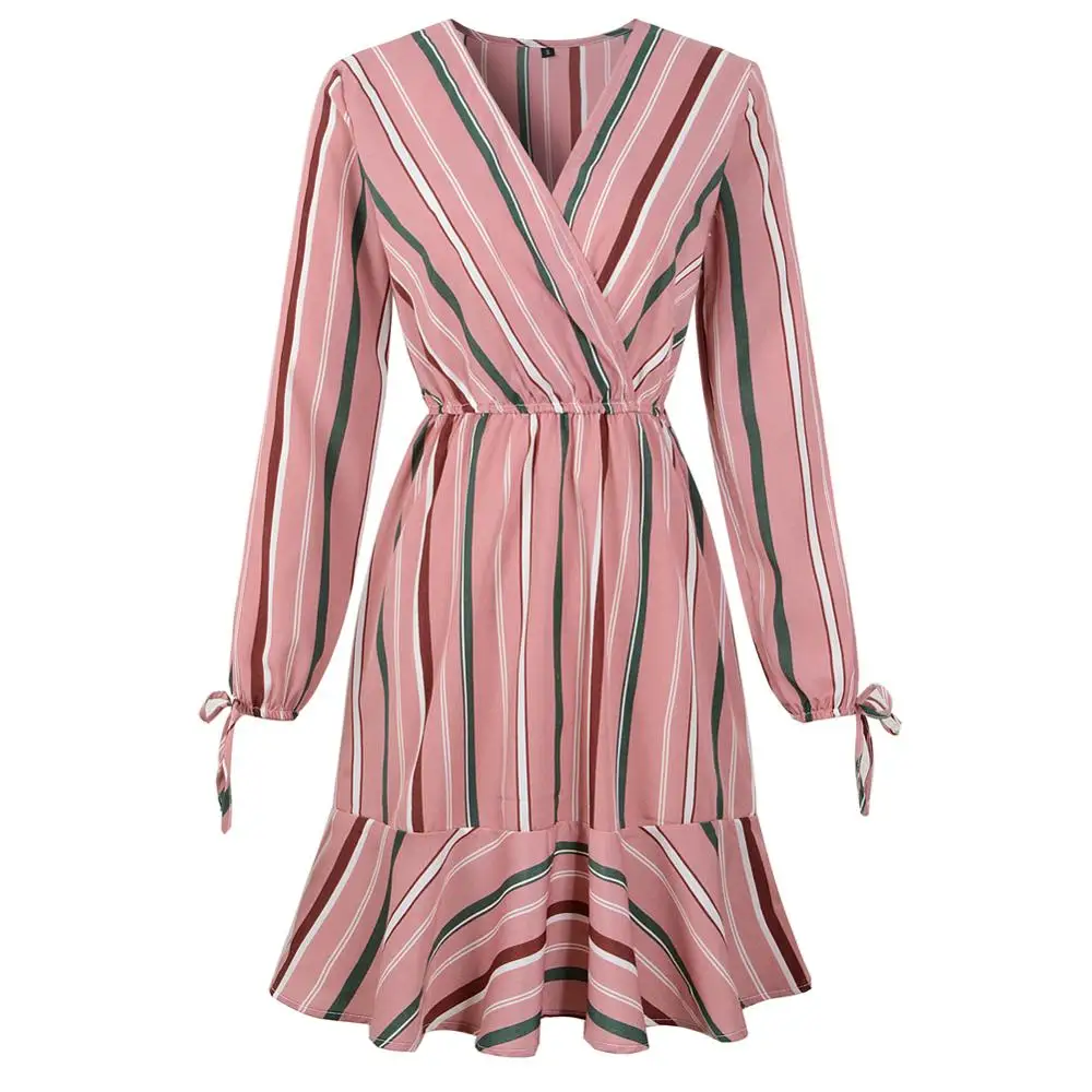

Women Dress 2020 Spring Striped V-neck Chiffon Long Sleeve Dresses Female Casual Fashion Sexy Slim Elegant Work Office Dress