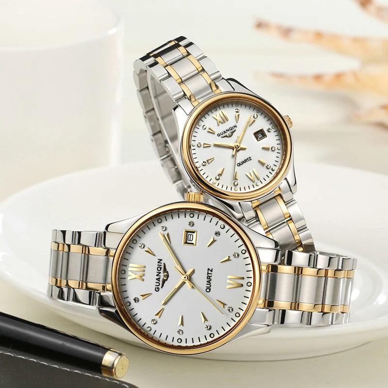 GUANQIN набор часов для пар, мужские и женские модные часы для влюбленных, наручные часы с датой, роскошные золотые кварцевые часы для женщин, женские наручные часы