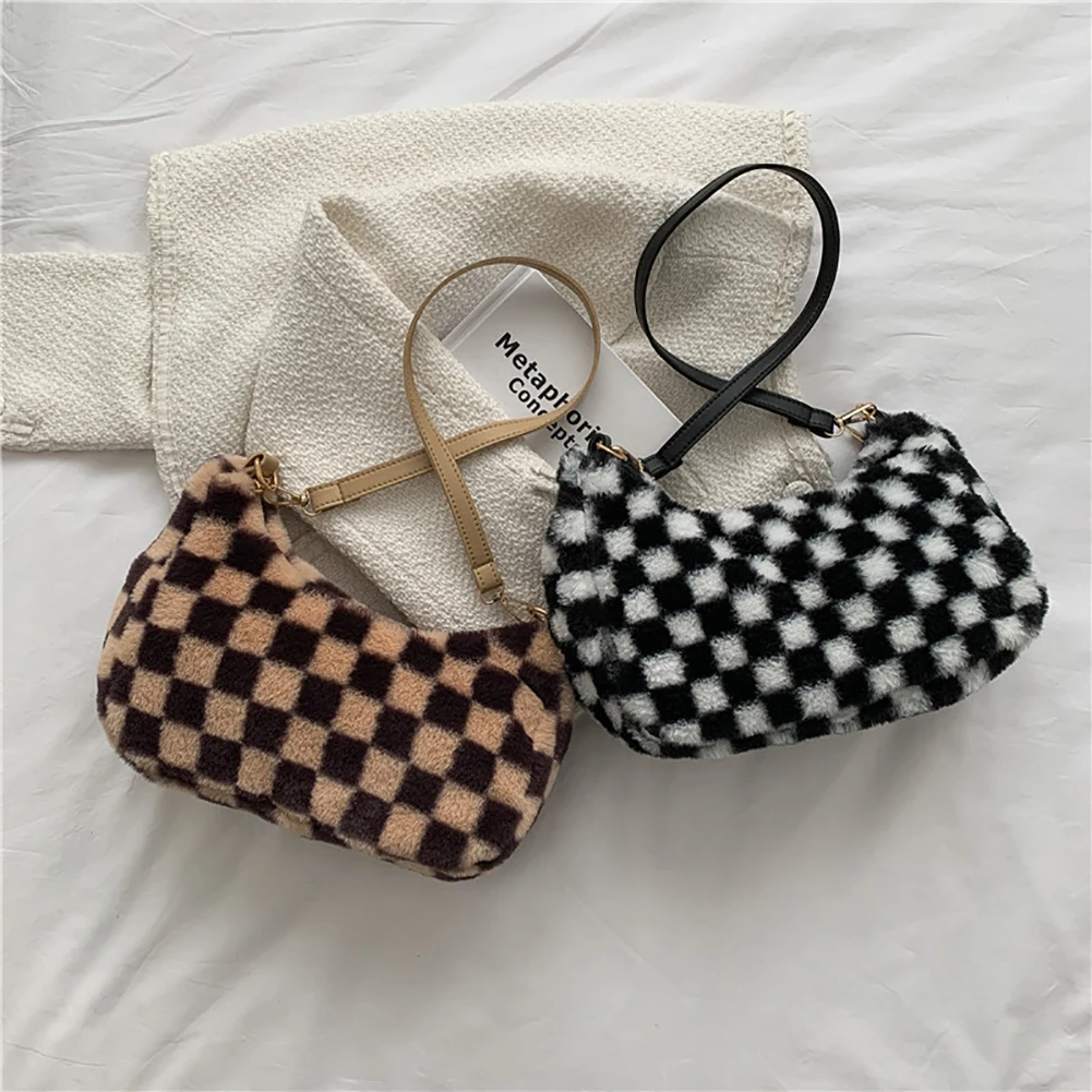 

Women Plush Faux Fur Checkerboard Handbag Solid Color Small Crescent Shoulder BagAutumn Winter Fluffy All-match Phone Bags
