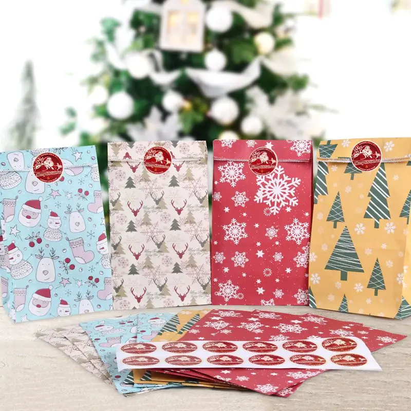 

12pcs Merry Christmas Paper Bag Snowflake Santa Claus Christmas Tree Food Cookie Gift Packing Bag Xmas Decoration Stand Bags