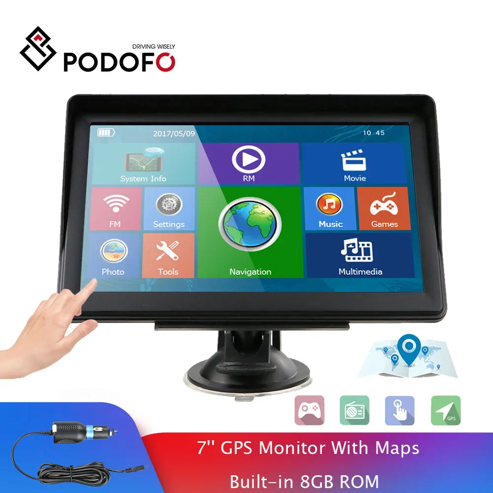 Podofo 7 дюймов HD Автомобильный gps навигатор с картой Встроенный 8 Гб ПЗУ FM Радио MP3 MP4