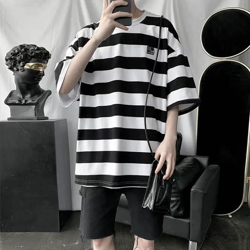 

Summer Men's Style Striped Short Sleeve T-Shirt Top Hip Hop Trendy Brand Work Pants Two Pieces Of Handsome One Set Tute Suits