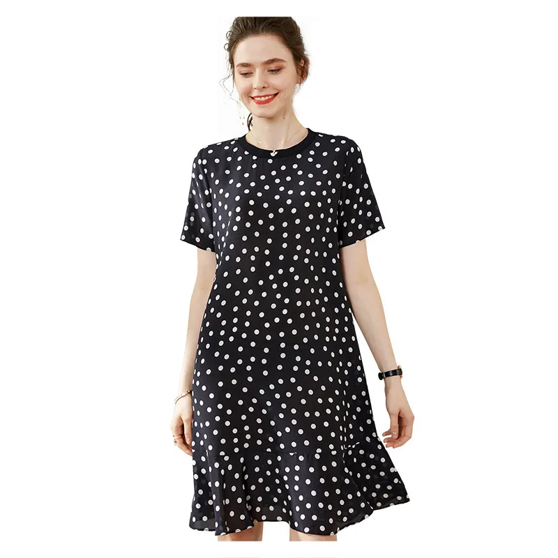 

Short-Sleeved Dot Prints Silk Dress Ruffled Silk Fishtail Skirt Mid-Length 2020 Fashion New Style