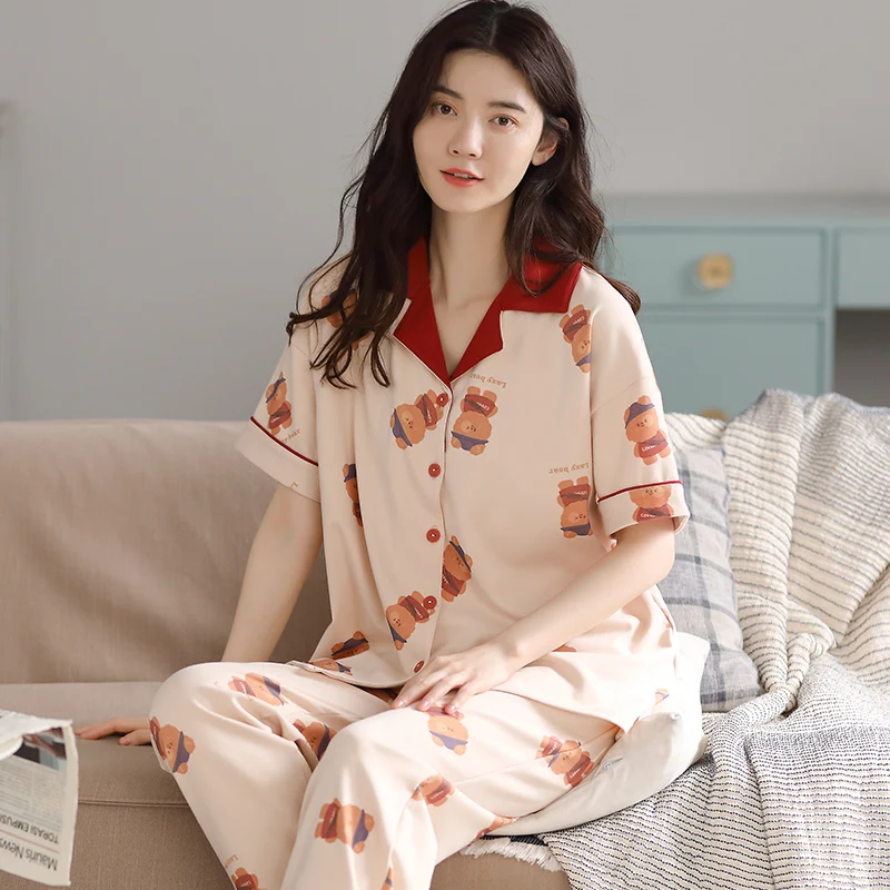

Spring/Autumn Women's 2Pieces Pajamas Set Short Sleeve Sleepwear Kawaii Pyjamas Home Wear Nightgown Cardigan Cotton Pjs Suit