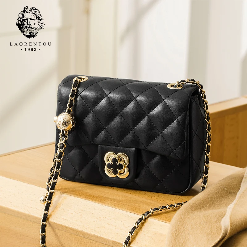 

LAORENTOU Ladies Flap Rhomboid Shoulder Bag Small Golden Ball All-Match Messenger Bag black Commuter Square Bag Gift To Her