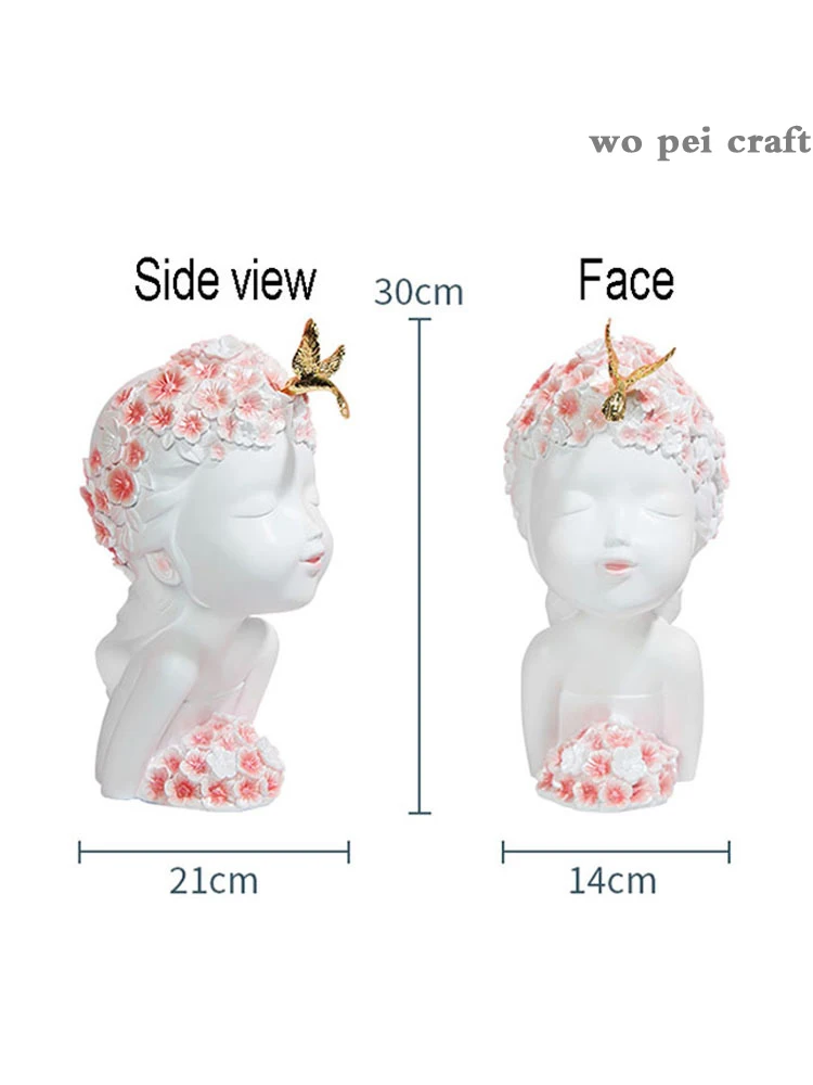 

Lovely Resin Portrait Garland Girl Resin Sculpture Decorative Golden Bird Figurines Office Desk Decor Girly Room Decoration