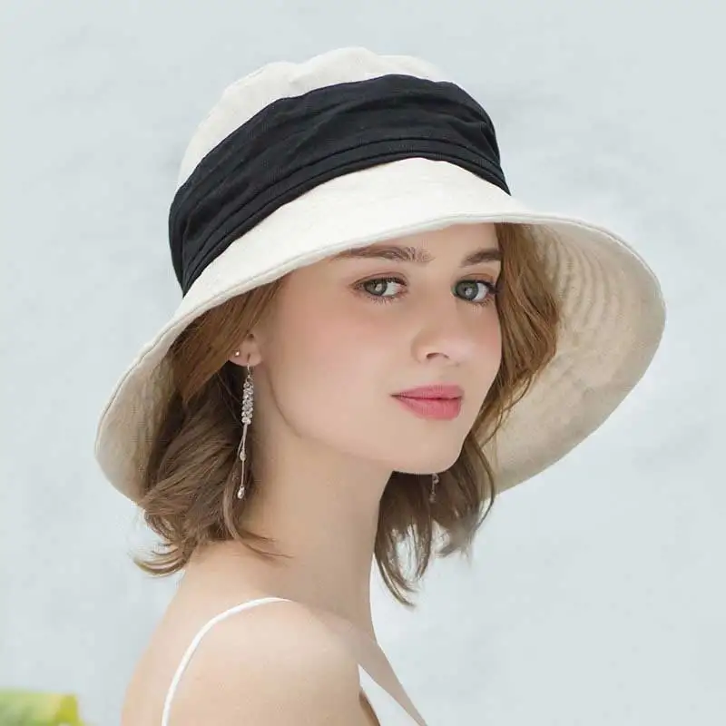 

2021 Summer Sun Hats For Women Beach Big Brim Sun Hat Cotton Linen Foldable Hat Fashion Patchwork Bucket Hat Cap chapeau femme