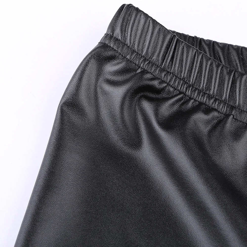 SEBOWEL Casual Women's Black Faux Leather Leggings High Waist Slim Fake PU Leggings Hollow Out Knee Small Feet Legging Size S-XL