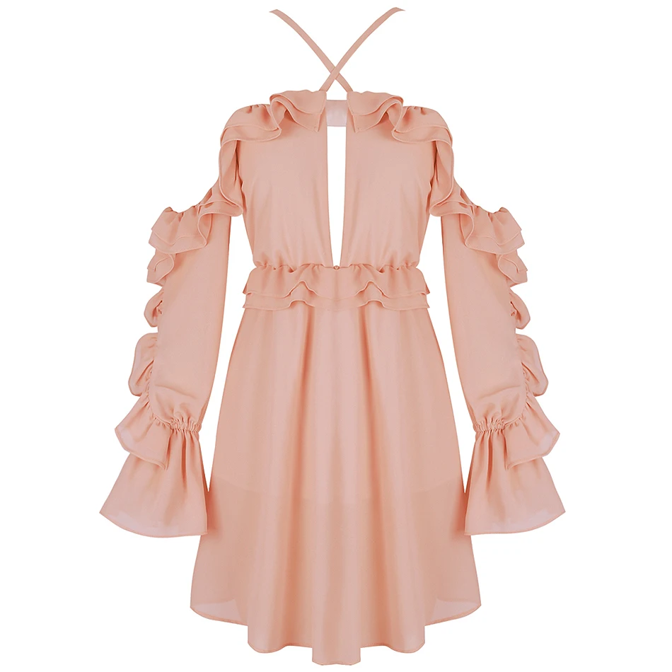 Женское платье с лямкой вокруг шеи желтое или розовое трапеция оборками