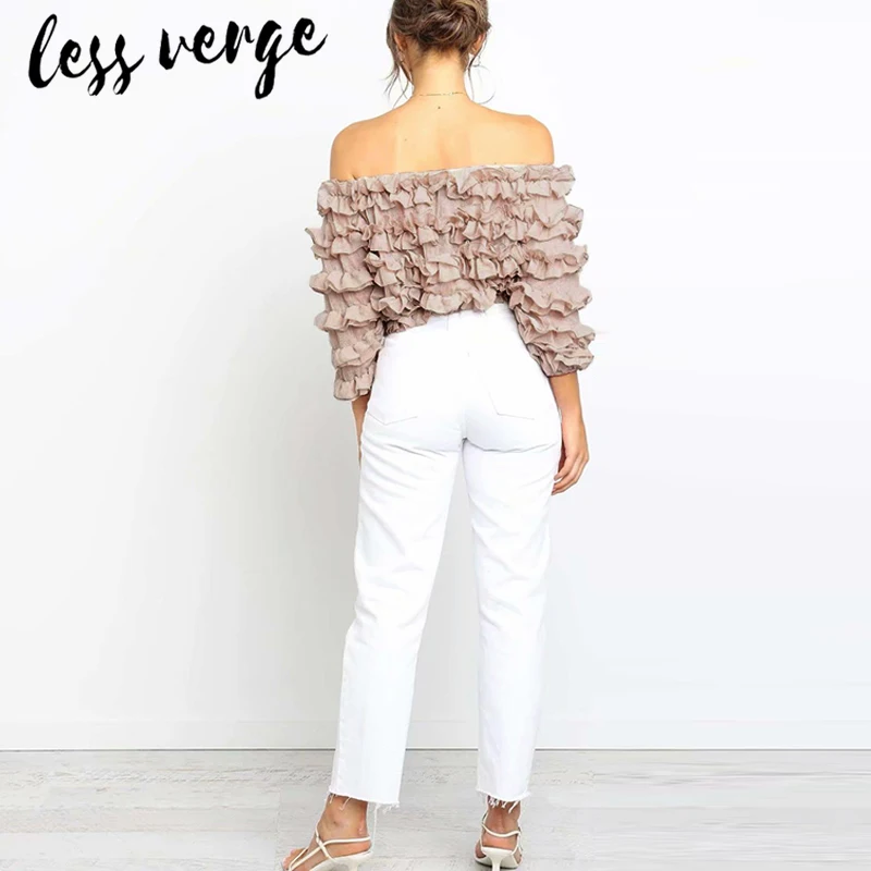 Lessverge с открытыми плечами рюшами Элегантная блузка Футболка для женщин короткий