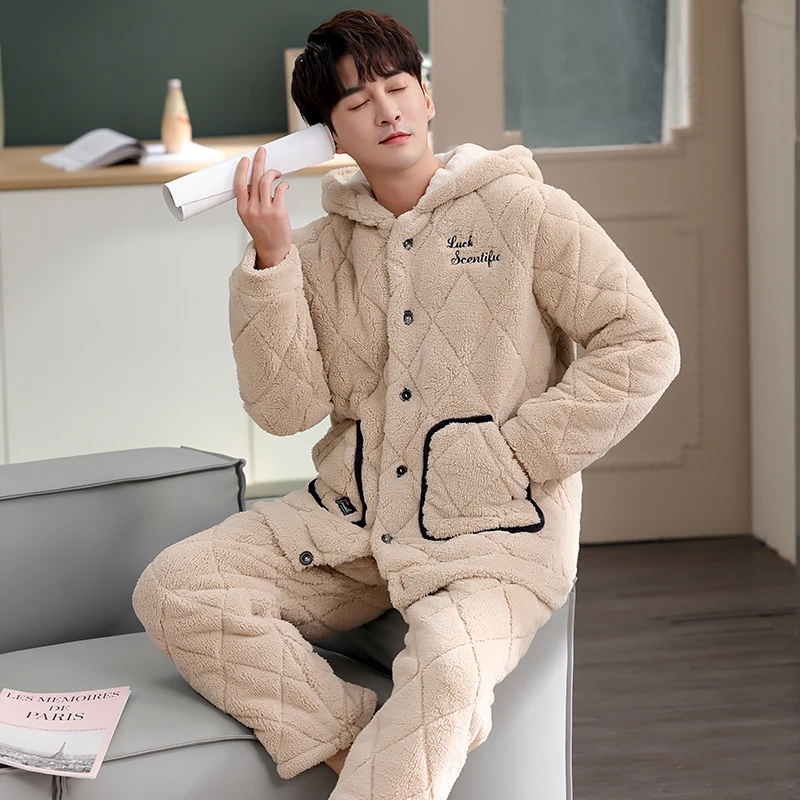 Winter Thick Warm Men Coral Cashmere Pajamas Set Long Sleeve Mens Hoodies Casual Soft Loose Male Flannel Homewear