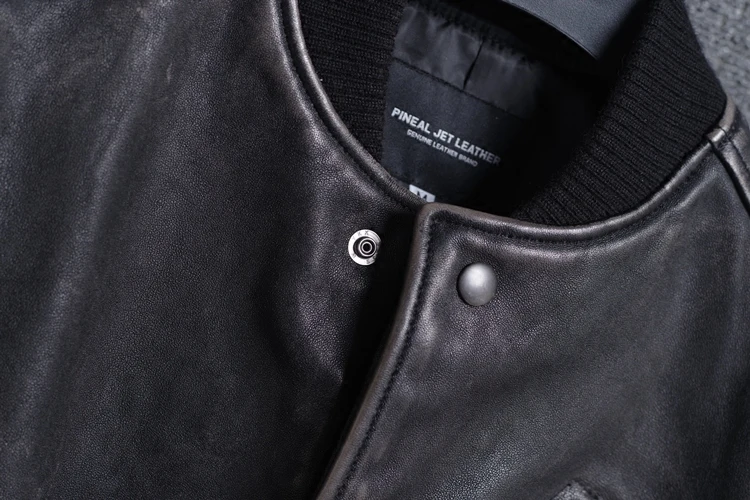 Мужская винтажная бейсбольная куртка из овечьей кожи с воротником стойкой в