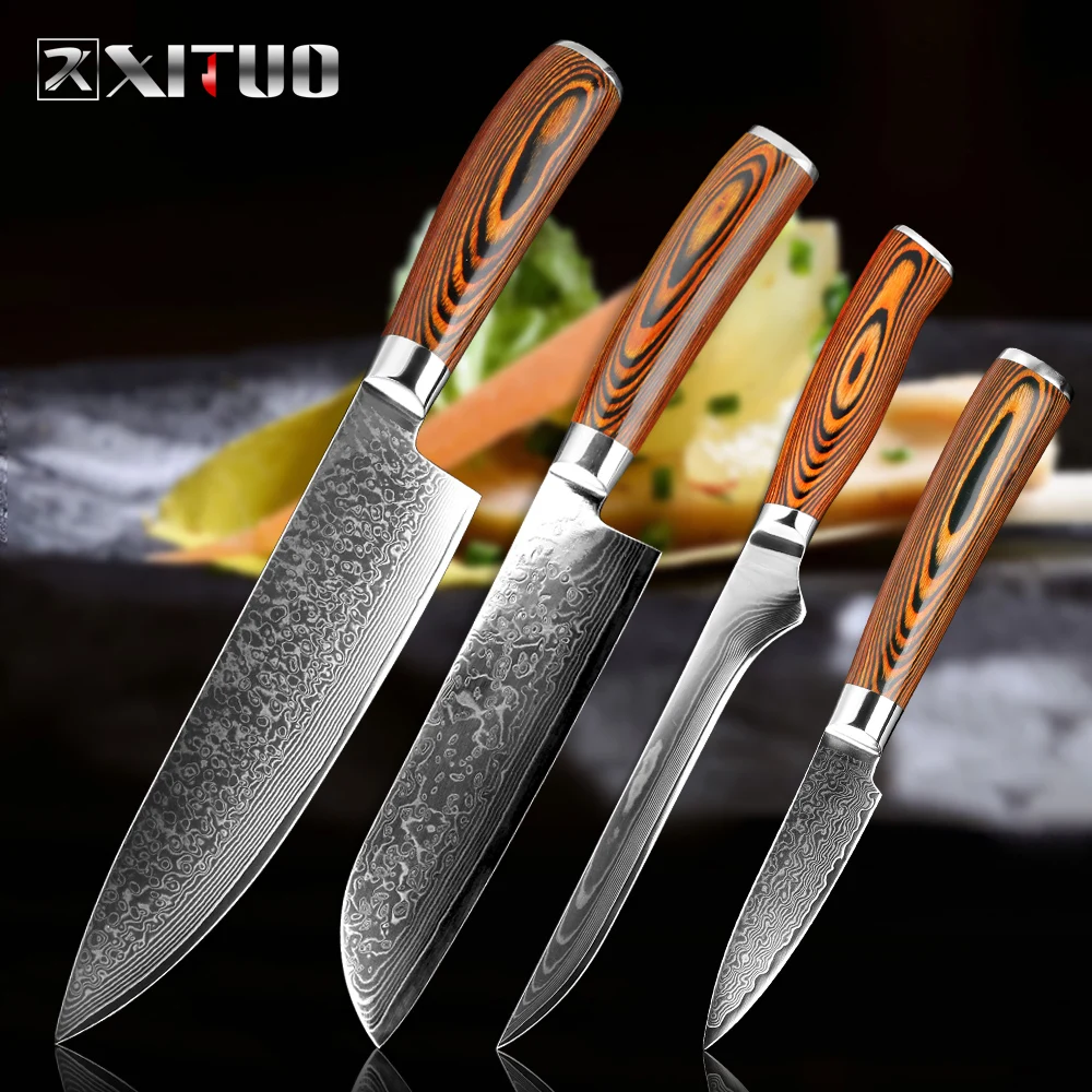 

XITUO Chef knife 4PCS set Damascus steel 67 layer steel santoku cutting slicing Boning knife kitchen cooking Pakka wood handle