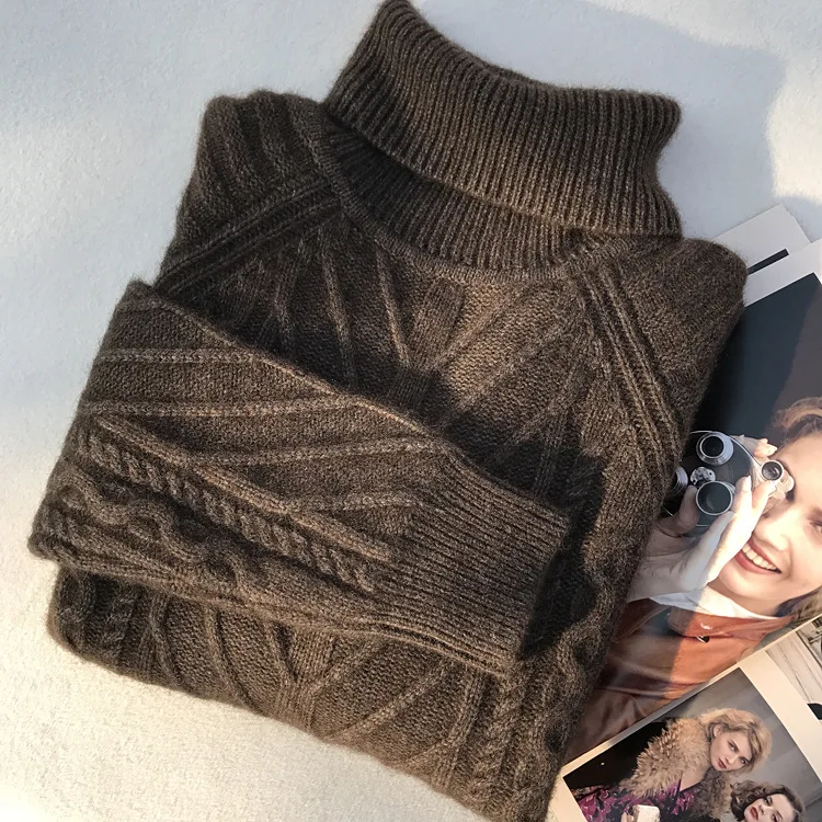 Dark Coffee Свитер mujer moda женский осенне-зимний толстый теплый пуловер с высоким воротом кашемировый свитер из яка твист свитер damski - Цвет: Dark Coffee