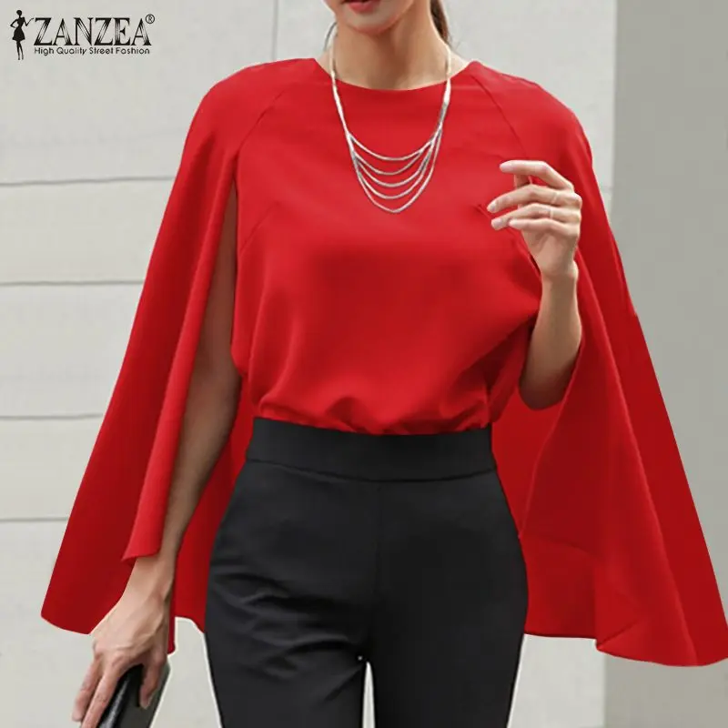 ZANZEA Elegant Women Poncho Blouse Autumn Solid Shirt Casual O Neck Loose Cloak Cape Tops Fashion Streetwear Work Blusas Chemise