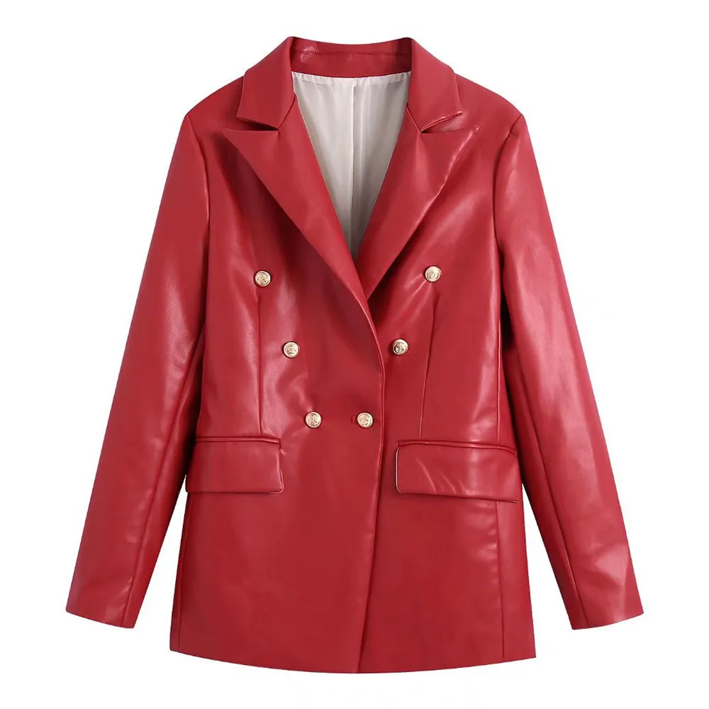 

Za Women Autumn New Fashion Double Breasted Artificial Leather Blazer Coat Vintage Long Sleeve Pockets Female Outerwear jacket