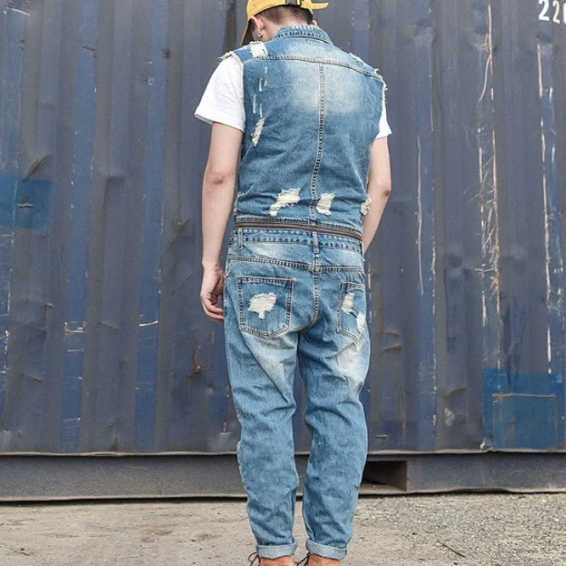 

Mens Personality Removable Zipper Waist Jumpsuit Hole Ripped Jeans Sleeveless Romper Washed Denim Overalls Pants Trousers 2XL