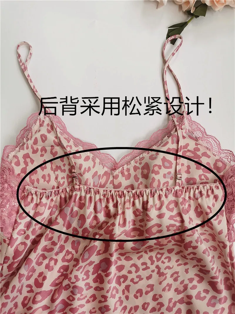 Розовый Леопардовый Атлас шелковая кружевная отделка ночная рубашка халат