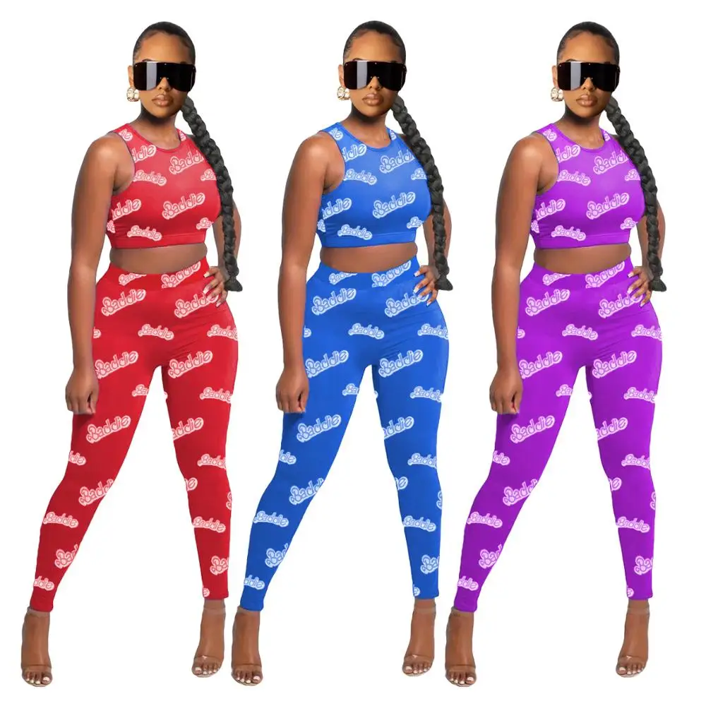 

Wholesale Letter Women Summer Clothing Two Piece Tracksuit Matching Sets Tank Crop Top + Skinny Jogger Stacked Pants Lounge Wear