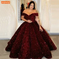 sparkly burgundy evening dress long 2020 robe de mariee off shoulder sequins lace up ball gown formal dresses reflective pageant
