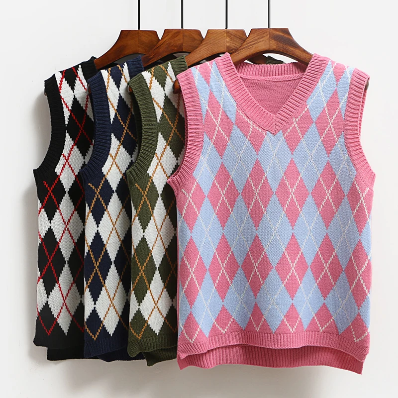 

Women Sleeveless Pullover 2020 England Style Vintage Geometric Rhombic V Neck Knitted Sweater Vest Knitwear Waistcoat Blue