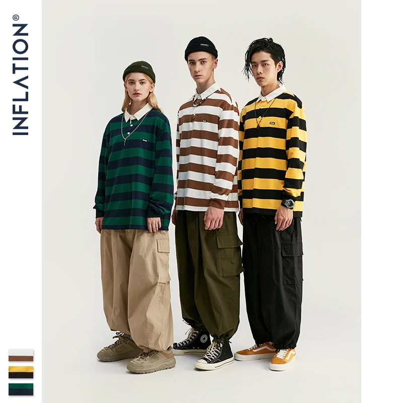 INFLATION Мужская Осенняя полосатая футболка Уличная с отложным воротником футболки