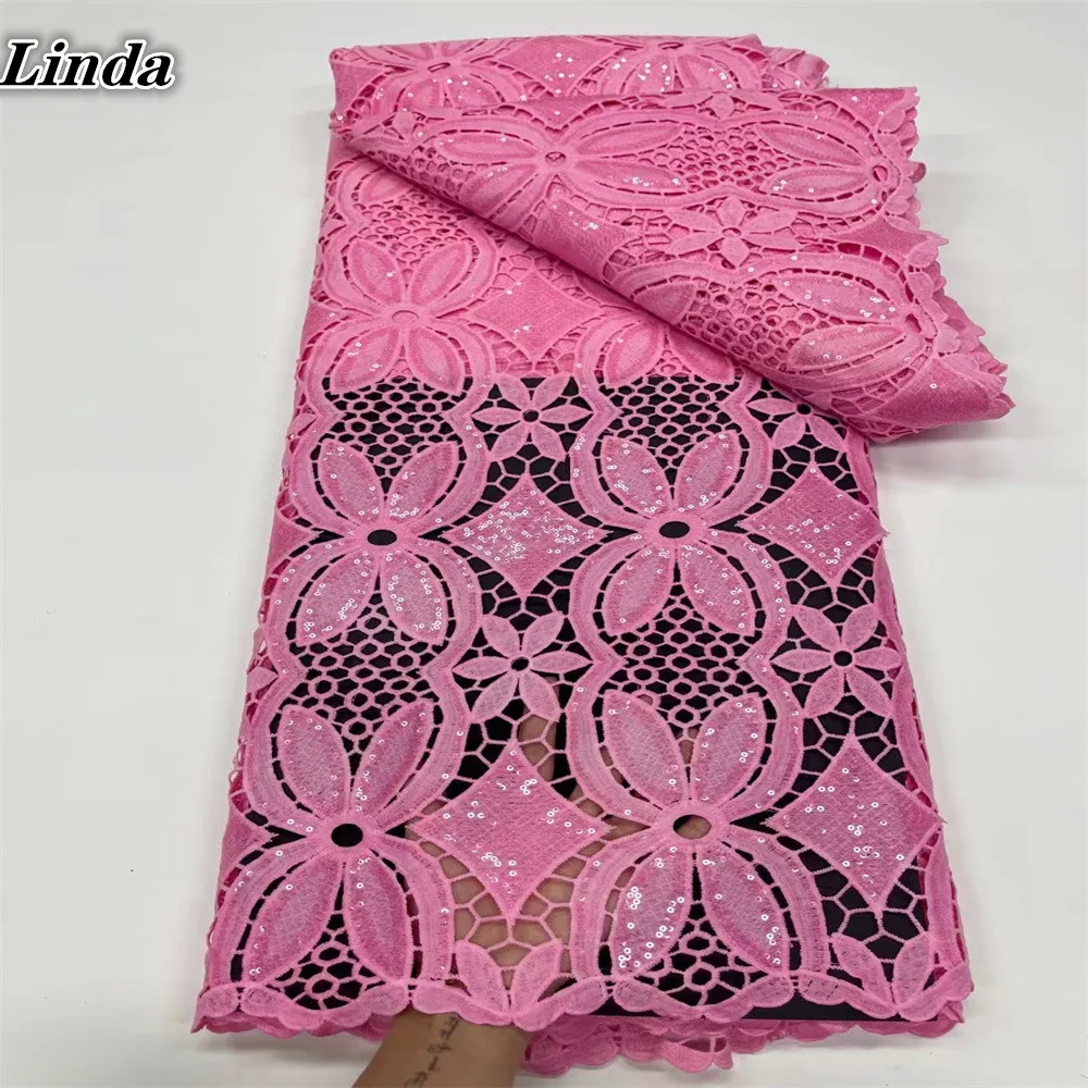 

Linda African Guipure Lace Fabric 2021 High Quality Lace Latest Pink French Cord Lace Fabric With Sequins For Wedding 5 Yards