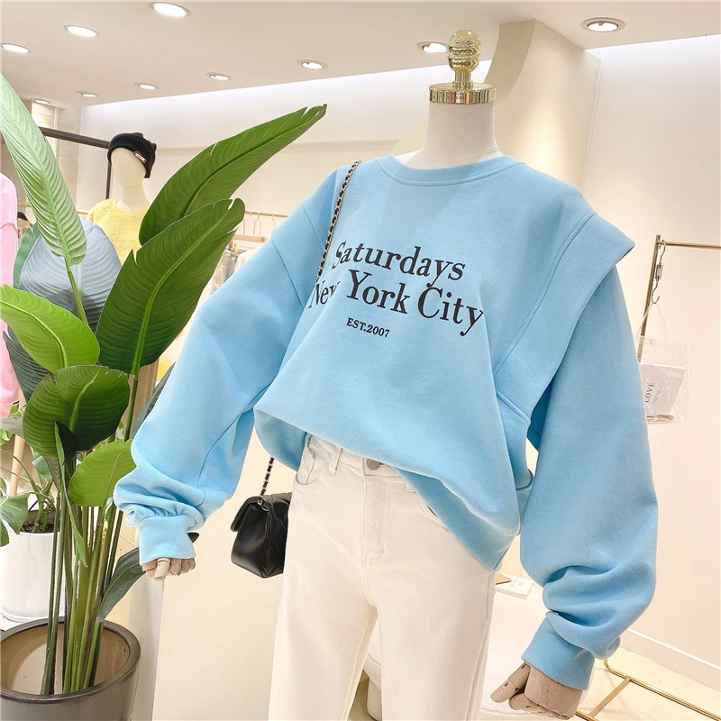 

Spring and Autumn Korean Style Simple Letters Loose Large Size Thin Round Neck Long Sleeve Hoodie Women Lotus Leaf Sweatshirt