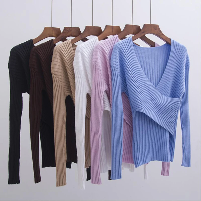 

Basic Sweater Women Pullover Knitted Long Sleeve Sexy V-Neck Women Sweaters Tops Autumn Winter Soft Elasticity Pull Femme