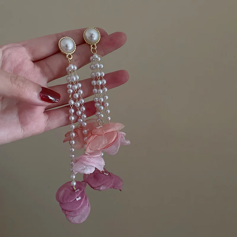 

New Fashion Sweet Hyperbole Style Fresh Flowers Modelling Drop Earrings Long Tassels Pearl Earrings For Women Elegant Jewelry