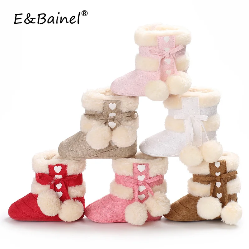 E&Bainel New Born Toddler Baby Girls Shoes First Walkers Hairball Heart Pattern Warm Soft Bottom Anti-slip Baby Snow Boots Boo