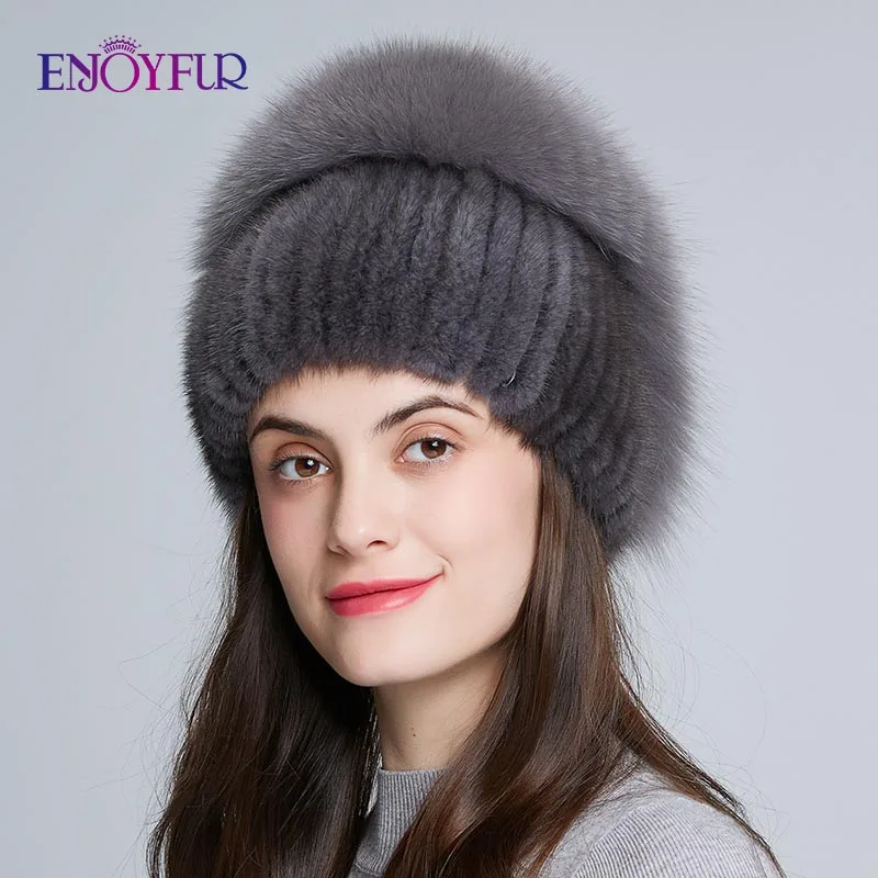 ENJOYFUR шапки из натурального меха норки для женщин шапки из натурального меха лисы высококачественные вязаные меховые шапки толстые теплые шапочки с розой и камнями - Цвет: 31