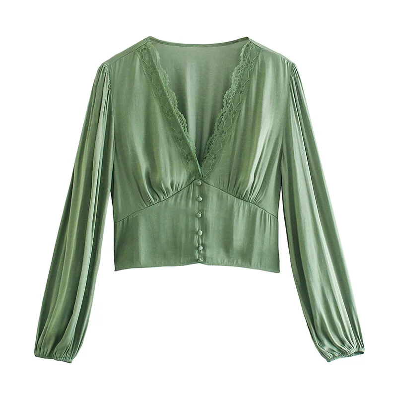 

Fashion Woman Blouses 2021 Elegant Spring Autumn Slim Green Satin Crop Top Female Short V-Neck Lantern Long Sleeve Lace Casual