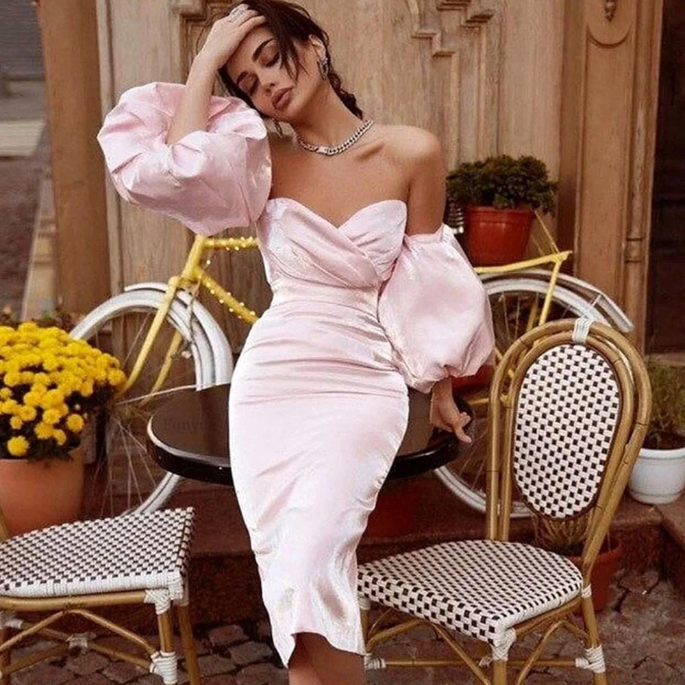 

Fashion Pink Prom Dresses 2021 New Arrival Charming Sweetheart Puff Sleeve Short Evening Gowns Mermaid Satin vestidos de fiesta
