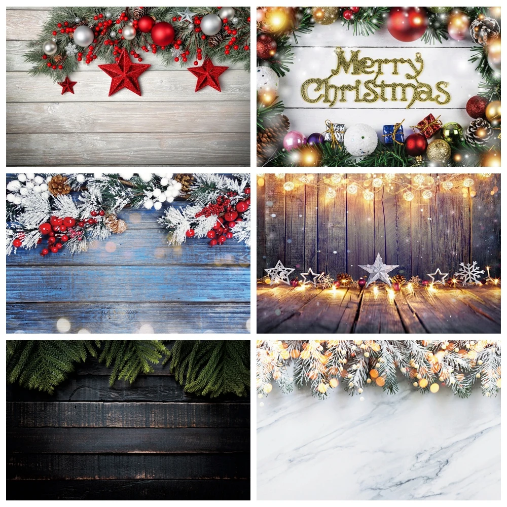 

Christmas Wood Backdrop Ball Gift Pine Wreath Planks Board New Year Party Baby Photographic Backgrounds Photocall Photo Studio