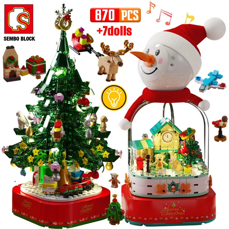 SEMBO City Christmas Theme Rotating Snowman LED Shining Music Box Building Blocks Friends Tree House Figures Bricks Toys For Kid