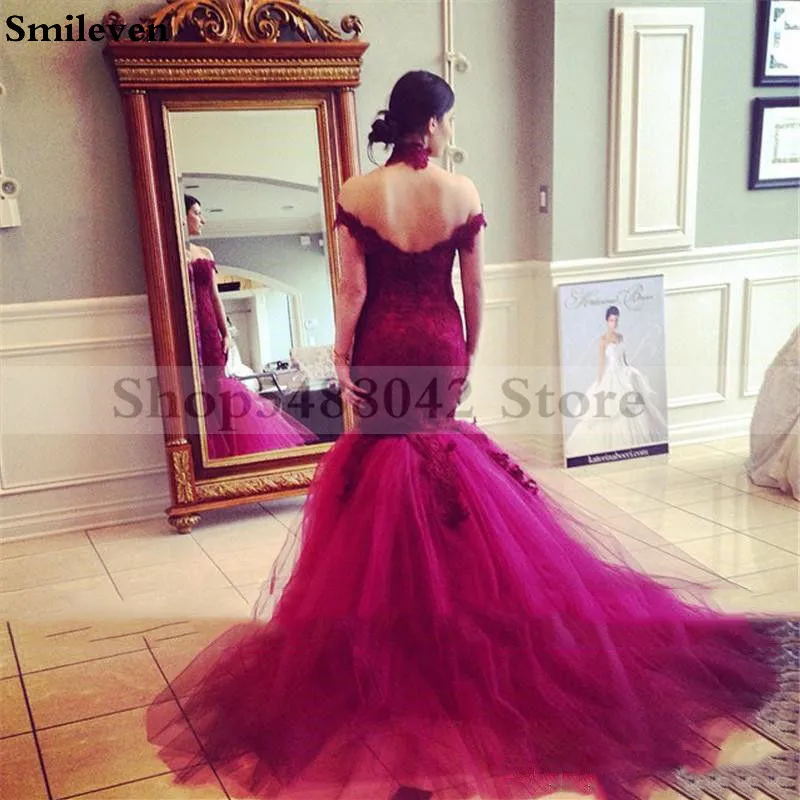 Женское вечернее платье с юбкой годе Smileven винно-Красное Кружевное официальное