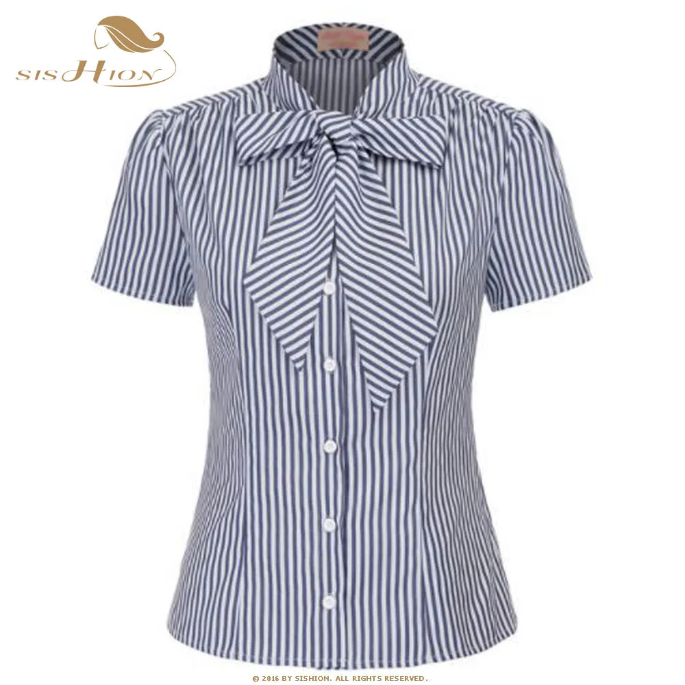 

Vintage striped shirt bow womens tops and blouses button up Tops shirt blusas SP0486