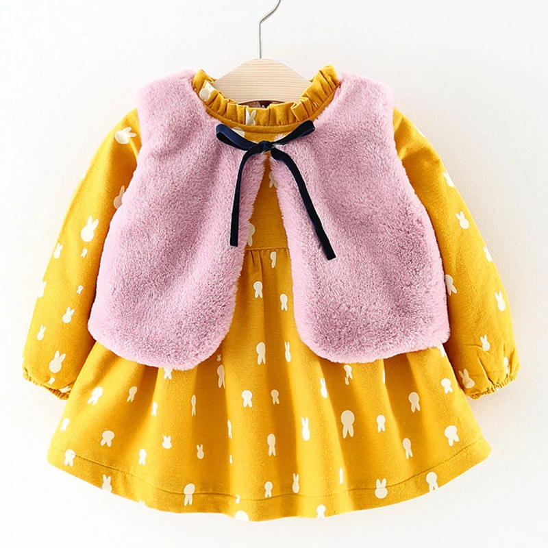 Little Girl Winter Plus Velvet Dresses + Vest 2pcs Long Sleeve Flower Princess Dress Baby Birthday Costume Kids Clothing | Детская