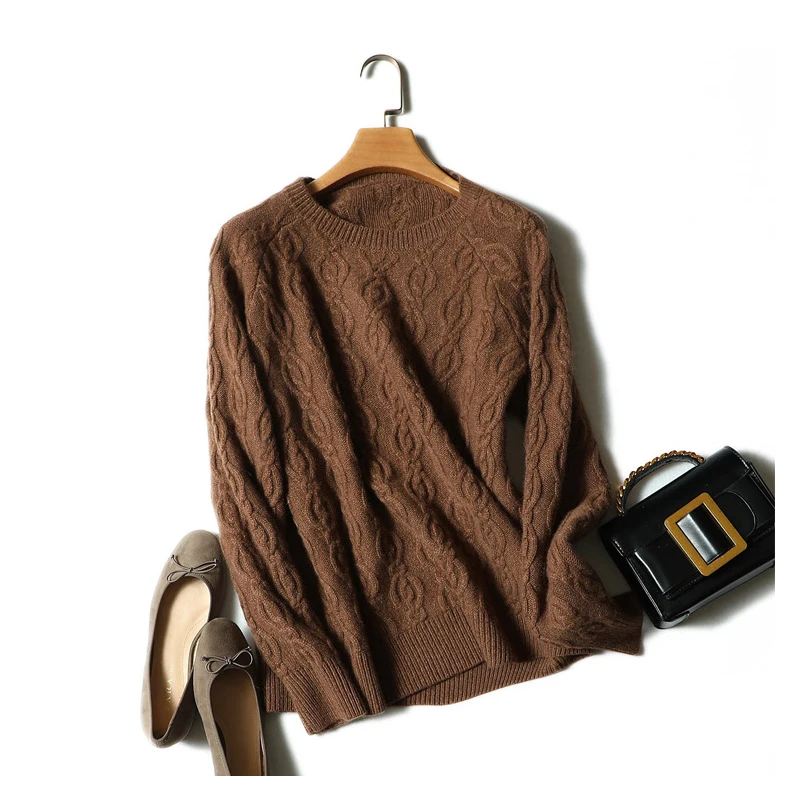 Женский кашемировый свитер толстый теплый вязаный с длинным рукавом и круглым