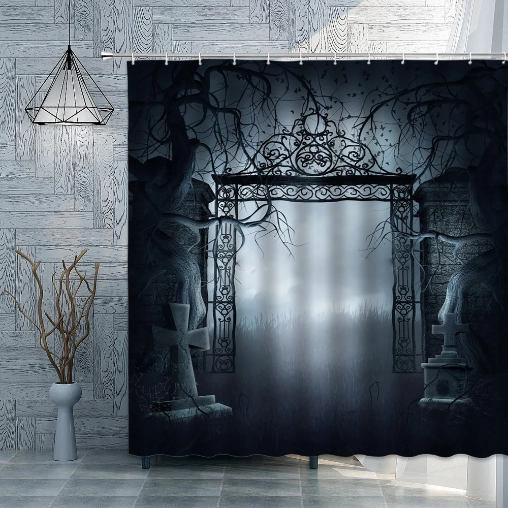 

3D Dark Korror Scene Printed Shower Curtain Foggy Cemetery Gate Crypt Altar Household Bathroom Decor Curtain Bathroom Curtain