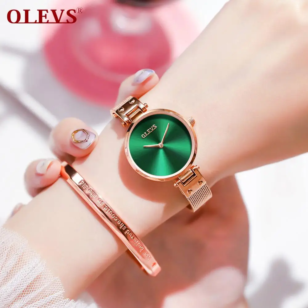 

OLEVS Green Reloj Mujer, повседневные женские часы розового золота, женские ультра-тонкие часы из нержавеющей стали, модные часы для женщин
