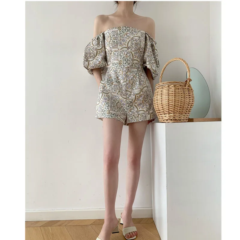 

Dropshipping Floral Print Playsuit Women Off Shoulder Puffy Lantern Sleeves Femal High Fashion Shorts Summer Style Retro Resort
