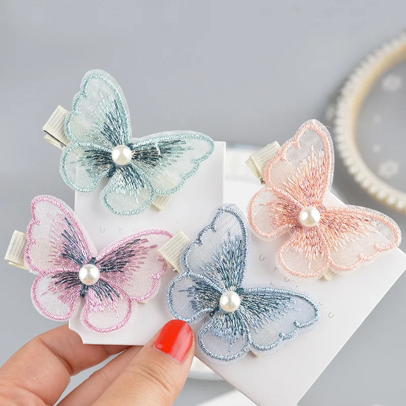 

2Pcs Sweet Girl Hair Clip Handmade Embroidered Butterfly Headwear Duckbill Clip Kids Fairy Pearl Hair Accessories