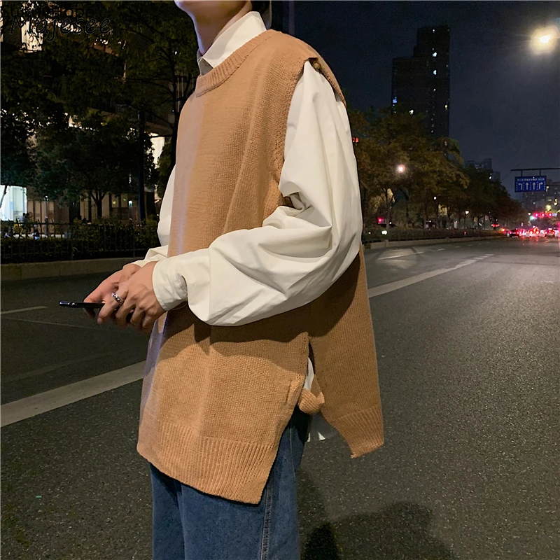 

Sweater Vest Men Solid Simple Side-slit O-neck Loose Casual Fashion Chic Retro All-match Jumpers Korean Style Harajuku Cool Male