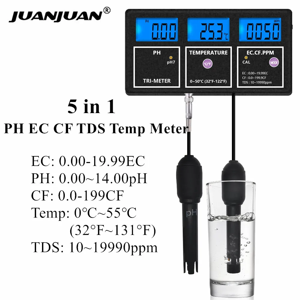 

5 in 1 PH EC CF TDS Temperature Test Meter Multi-parameter Water Quality Tester Aquariums Hydroponics Conductivity Monitor 30%