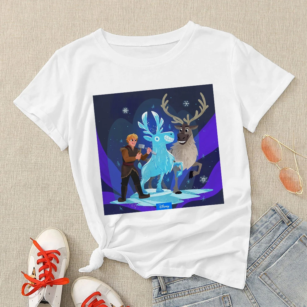 

Disney Women Tshirt Fashion Streetwear White Shirts Strong Kristoff And Funny Sven Printed Summer Women Tshirts Graphic Tee
